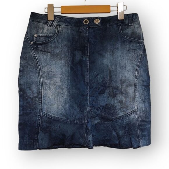 Crisca Denim Mini Skirt Lace Print Ruffle Split - Picture 1 of 14